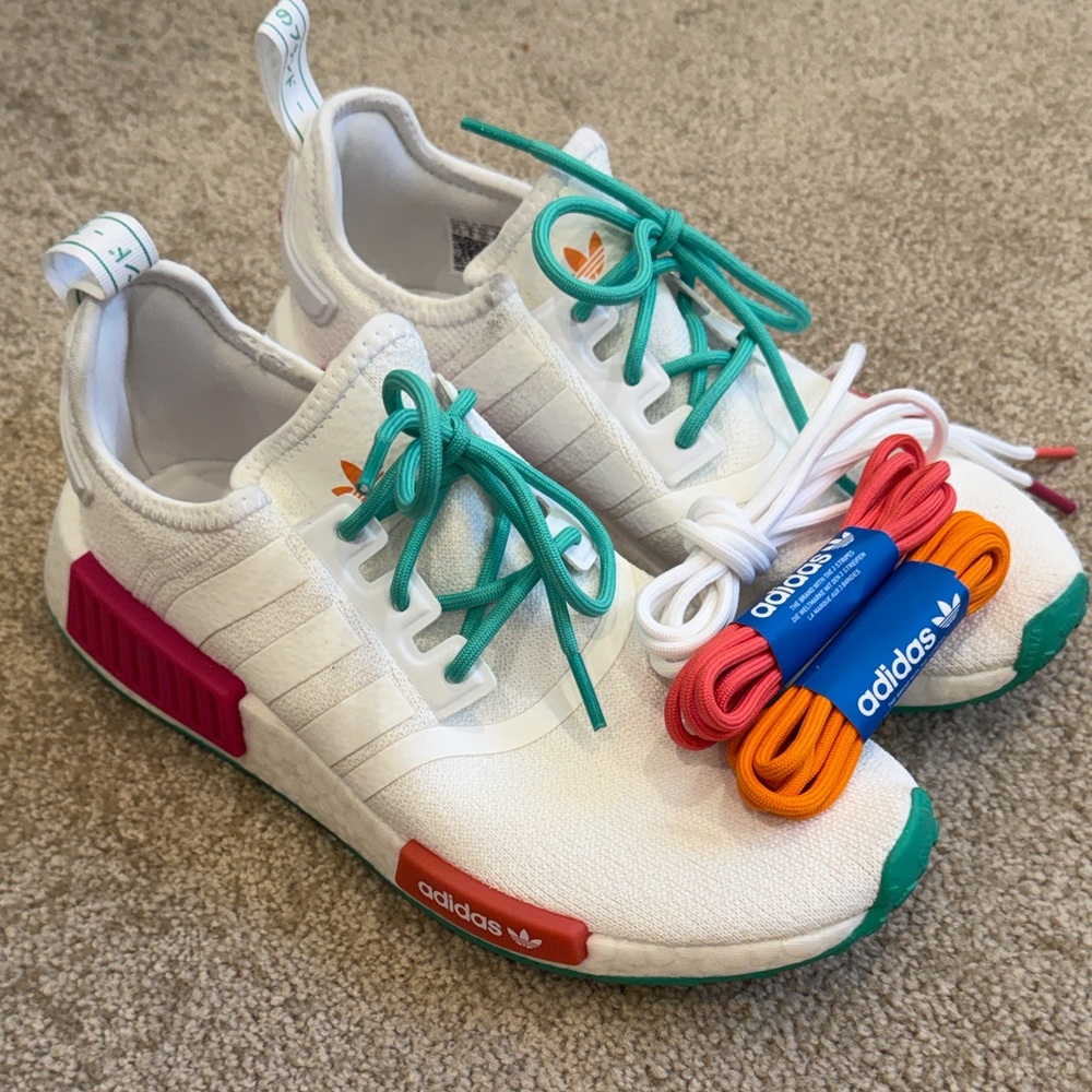 Adidas NMD R1 White with Teal and Pink Highlights